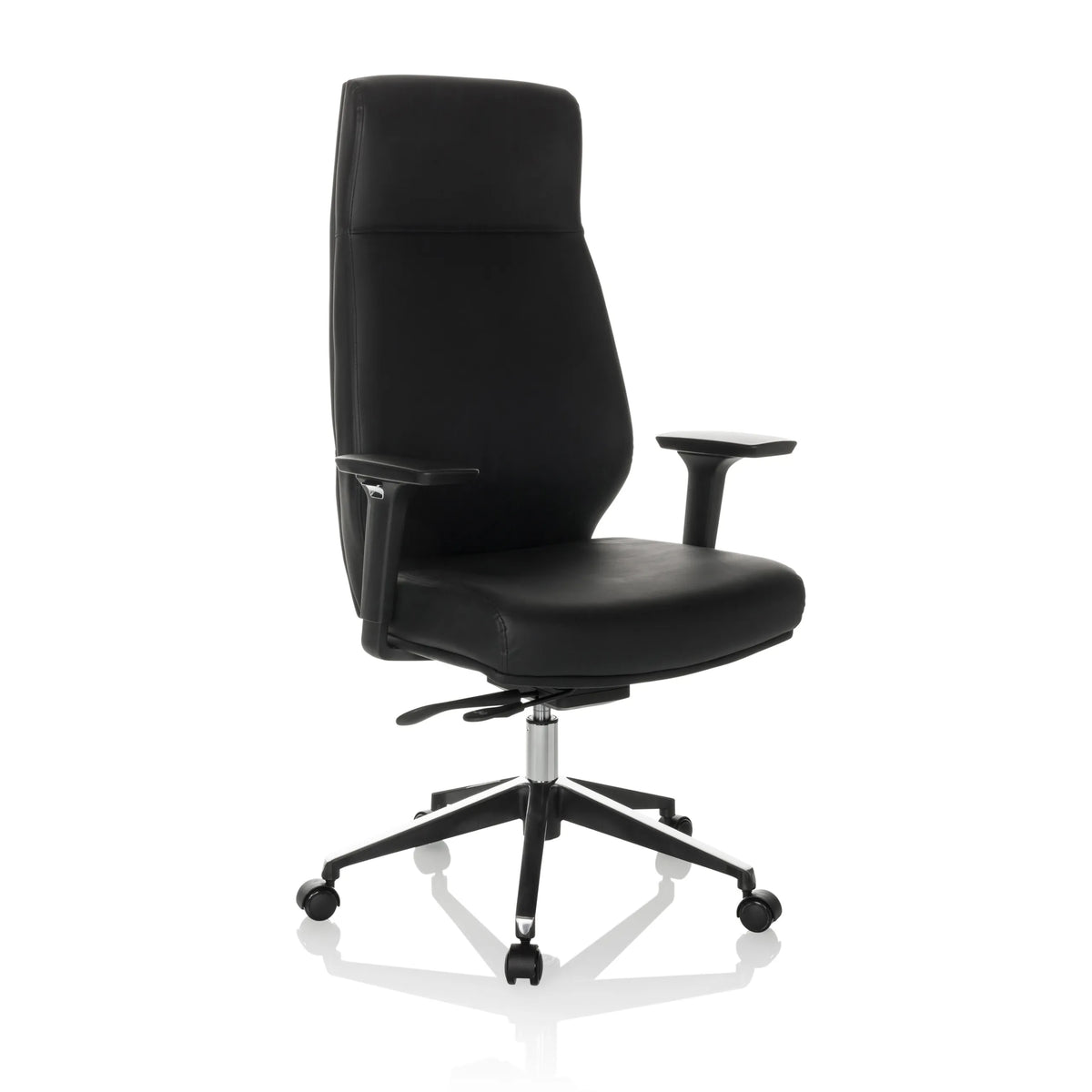 Sillón de oficina profesional VITORO ECO negro con reposabrazos y base de cinco ruedas de hjh OFFICE – vista de 360° (vista frontal en diagonal 30°)