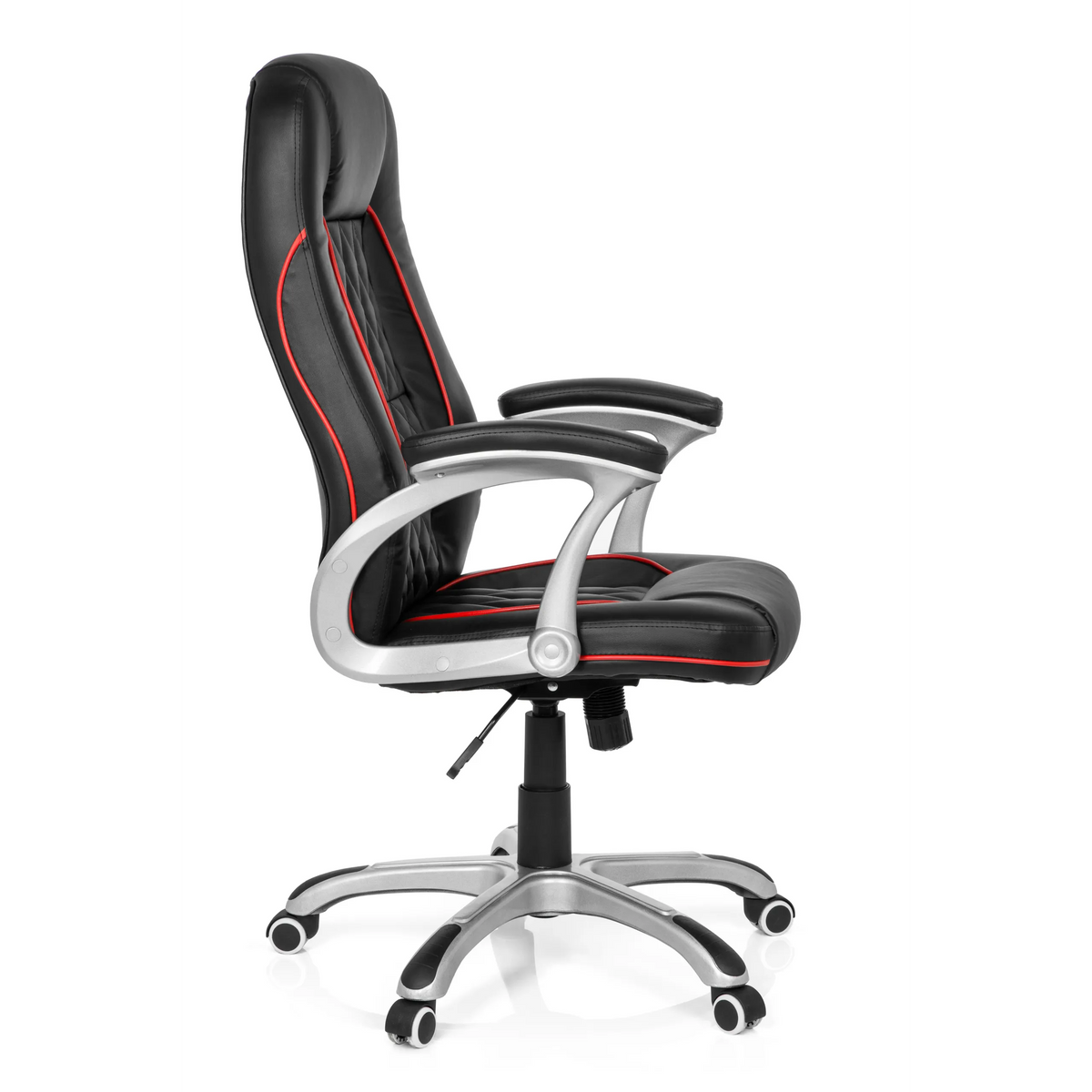 Silla gaming RELAX AB100 negra con costuras decorativas rojas, acolchado y base de cinco ruedas de MyBuero – vista de 360° (vista lateral 80°)