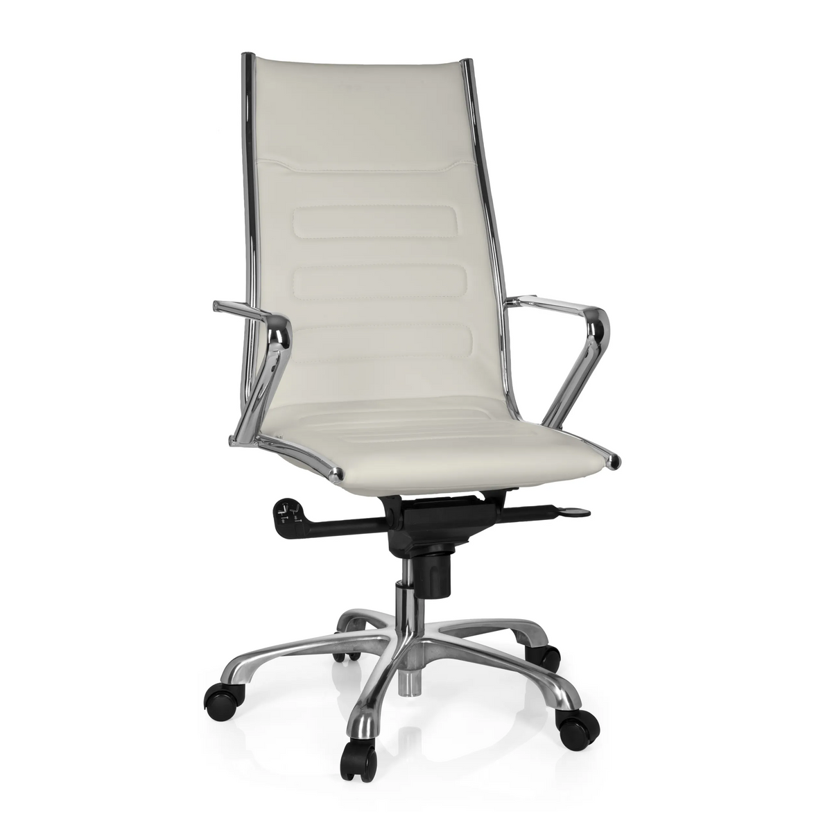 Sillón de oficina profesional PARIBA III color crema con reposabrazos y base de cinco ruedas de hjh OFFICE – vista de 360° (vista frontal 20°)