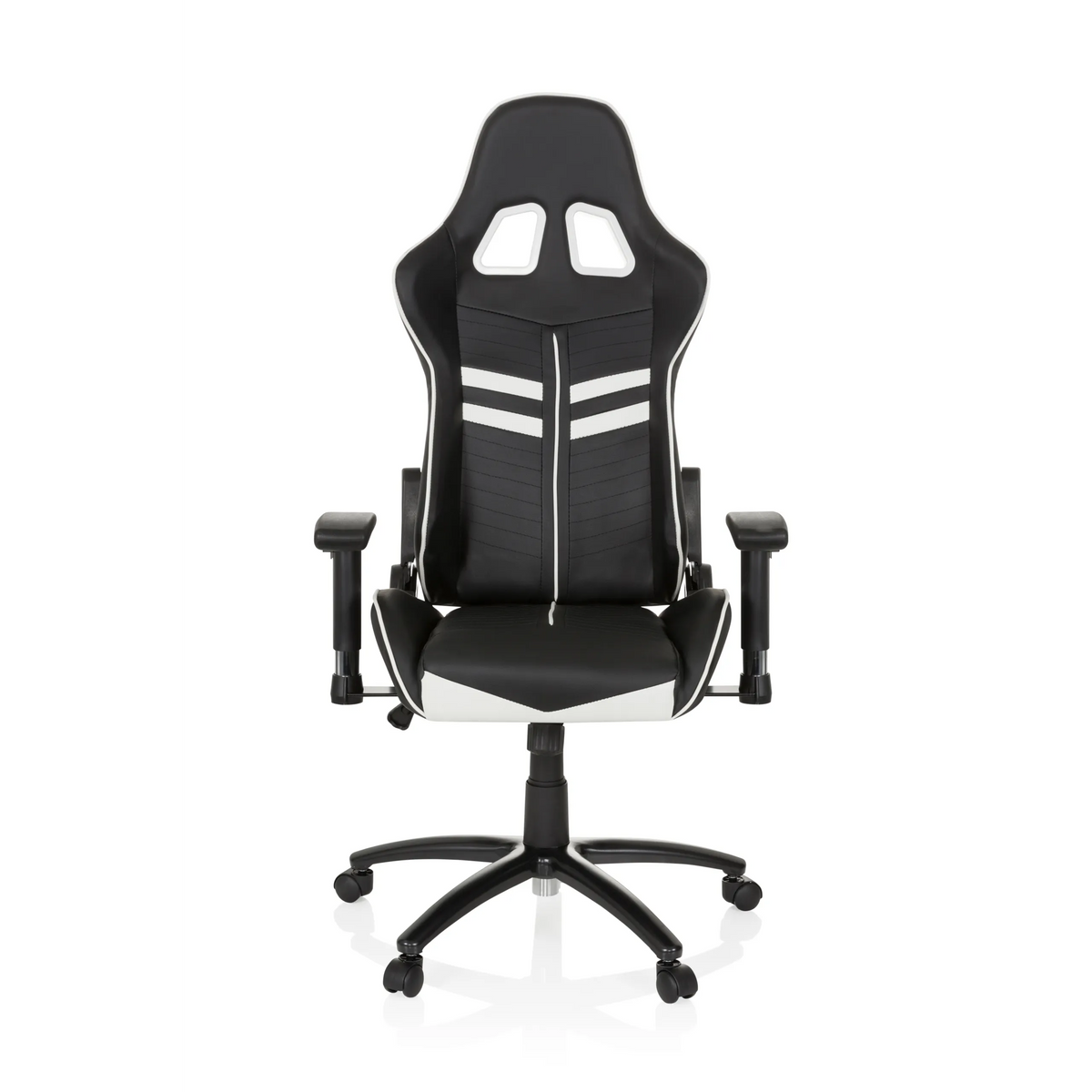 Silla gaming LEAGUE PRO en blanco y negro con reposacabezas y base de cinco ruedas de hjh OFFICE – vista de 360° (vista frontal 0°)