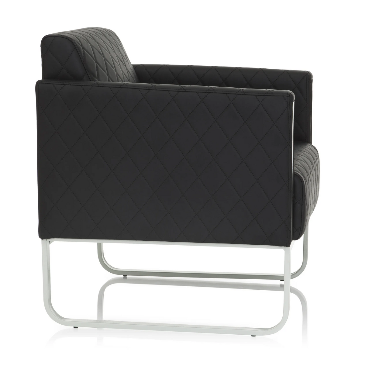 Sillón tapizado negro ARUBA STEP con costuras de diamante y estructura plateada de hjh OFFICE – vista de 360° (vista lateral 80°)