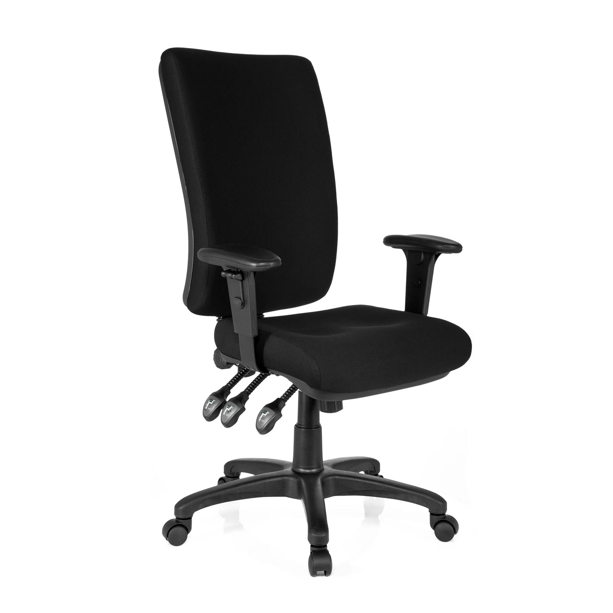 Silla de oficina profesional ZENIT HIGH negra con reposabrazos y base de cinco ruedas de hjh OFFICE – vista de 360° (vista frontal en diagonal 40°)