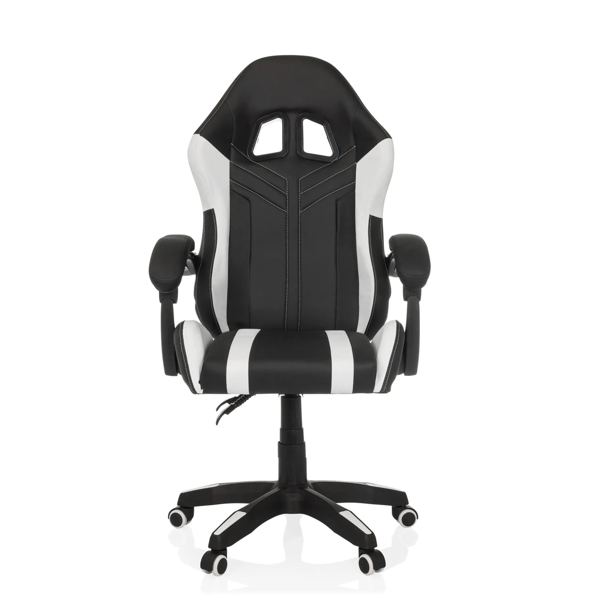 Silla gaming GAMEBREAKER W02 en blanco y negro con base de cinco ruedas de MyBuero – vista de 360° (vista frontal 0°)