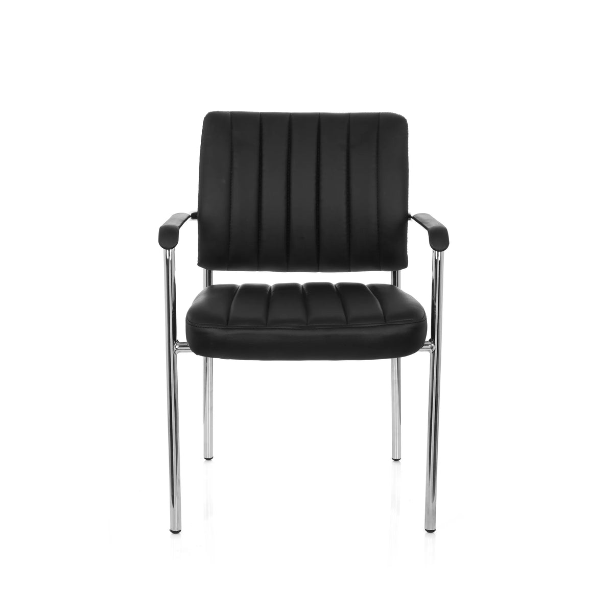 Silla de cuatro patas SOMOS V negra con tapizado de cuero sintético, acolchado capitoné y reposabrazos de hjh OFFICE – vista de 360° (vista frontal 0°)