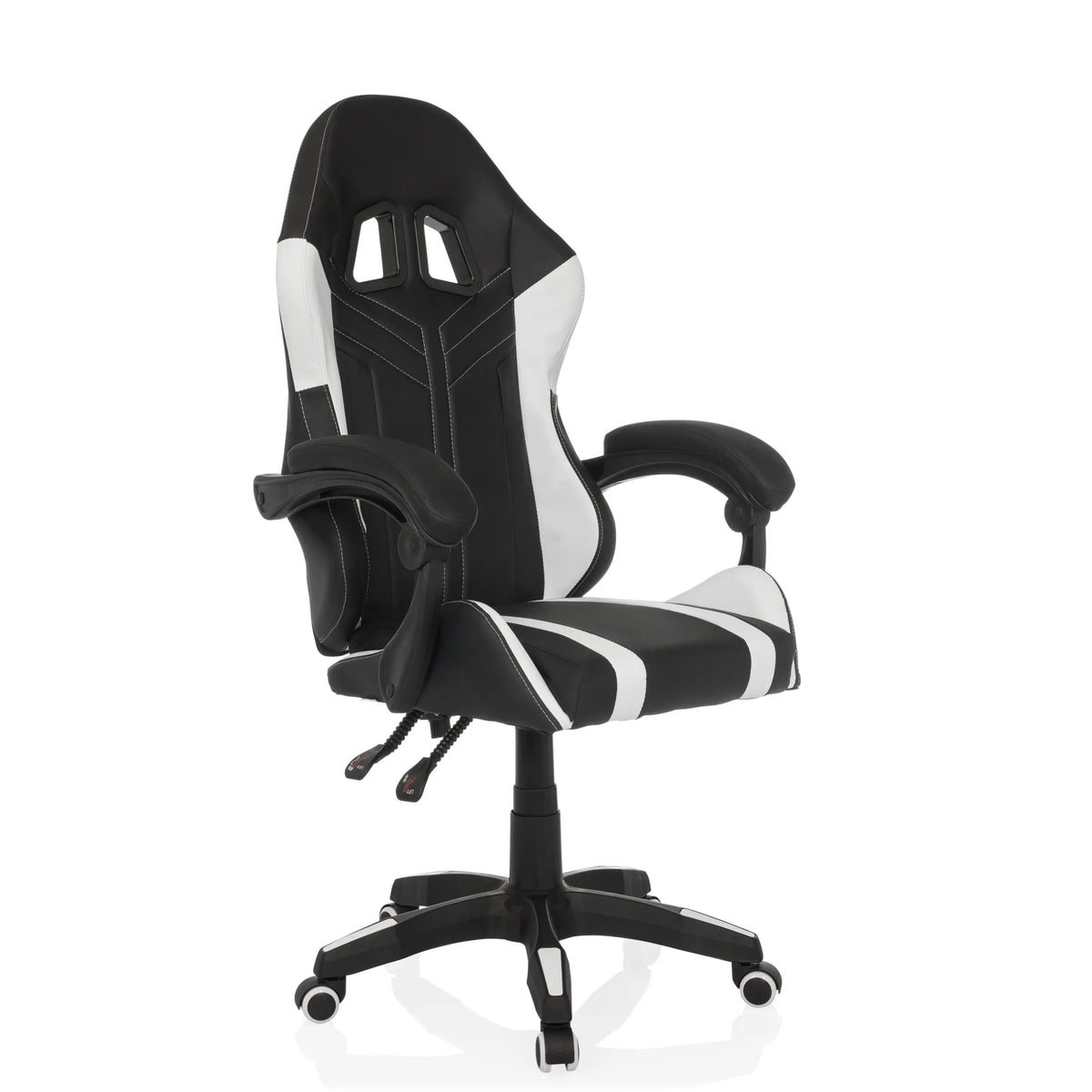 Silla gaming GAMEBREAKER W02 en blanco y negro con base de cinco ruedas de MyBuero – vista de 360° (vista frontal en diagonal 45°)