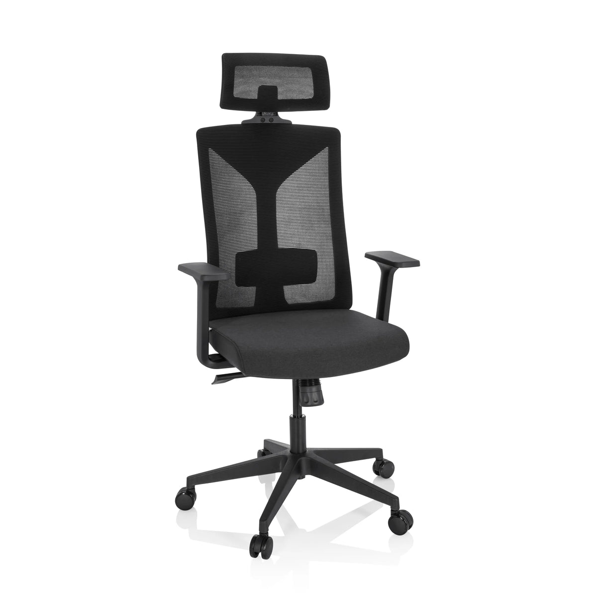 Silla de oficina profesional KODIAK negra con respaldo de malla, reposacabezas y base de cinco ruedas de hjh OFFICE – vista de 360° (vista frontal 20°)