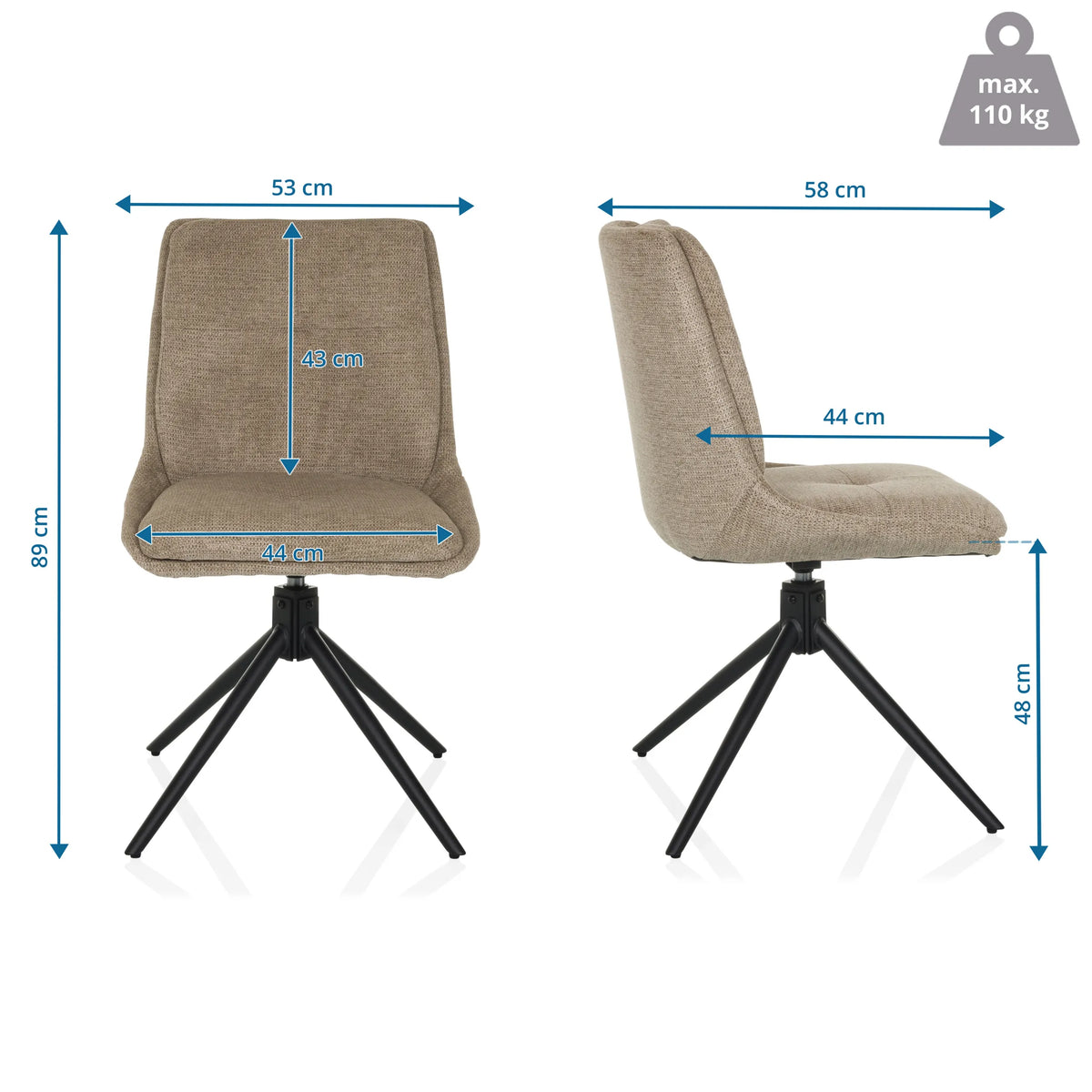Dibujo dimensional de la silla tapizada TARVISO I con una altura total de 89 cm y un ancho de asiento de 44 cm de hjh LIVING