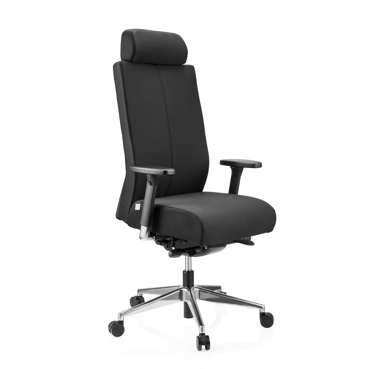 Silla de oficina profesional PRO-TEC XXL negra con tapizado de tela, reposacabezas y base de cinco ruedas de hjh OFFICE – vista de 360° (vista frontal en diagonal 45°)