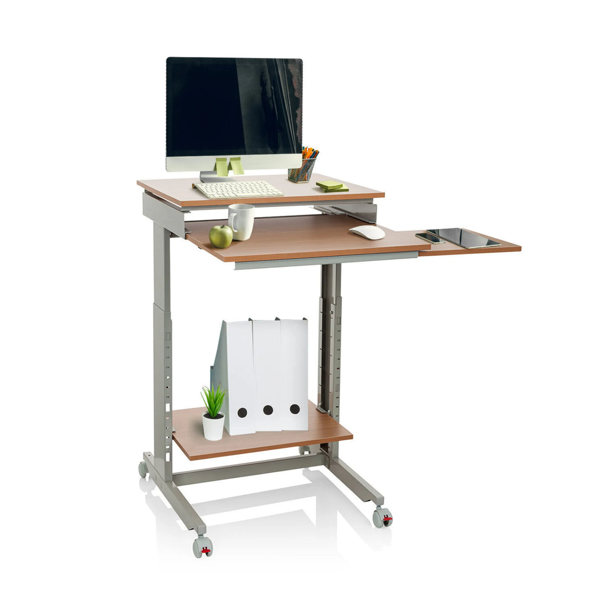 escritorio de pie WORKSTATION en haya y gris con dos niveles, compartimento de almacenamiento y ruedas de hjh OFFICE