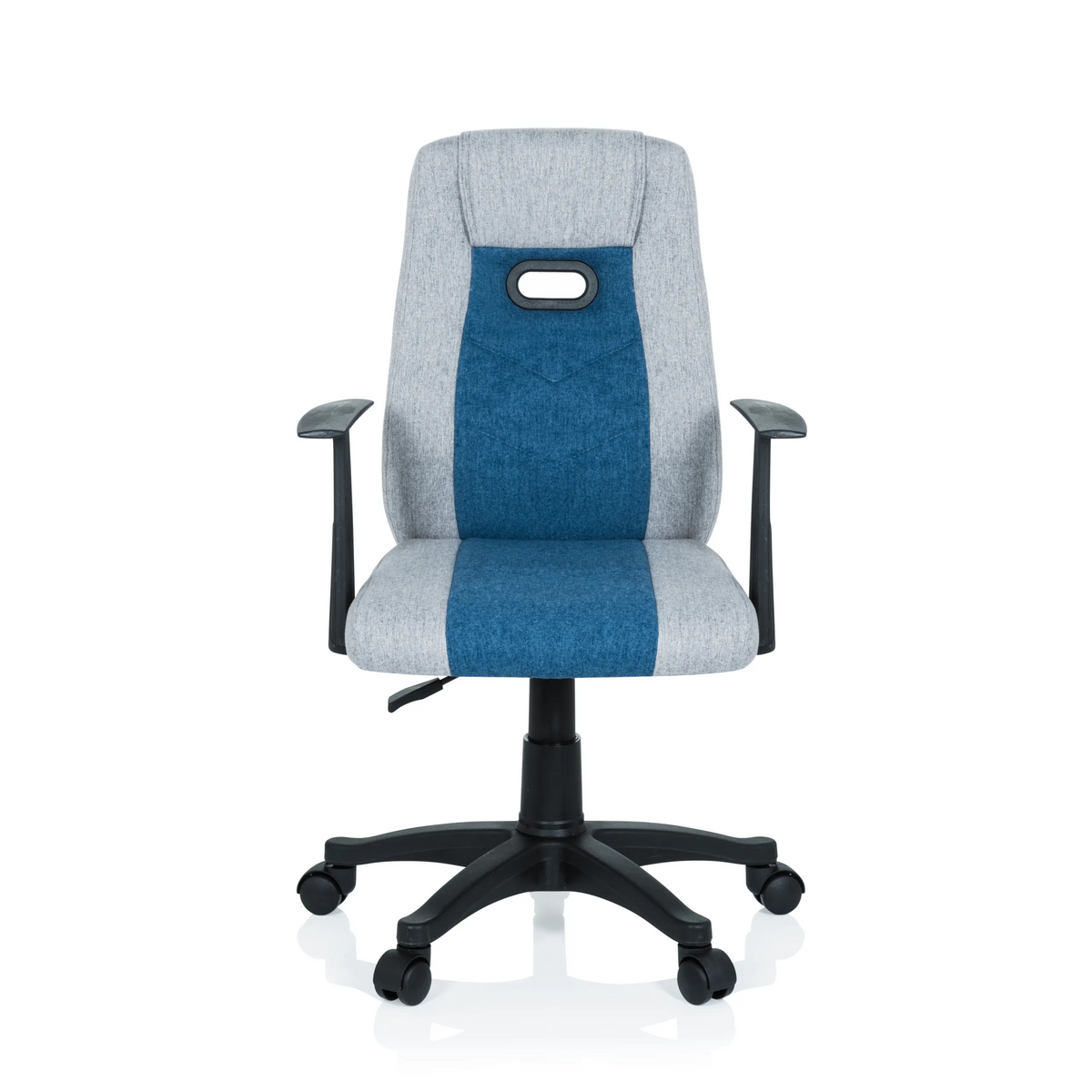 Silla giratoria para niños KIDDY EXTRA en color gris azulado con reposabrazos y base de cinco ruedas de hjh OFFICE – vista de 360° (vista frontal 0°)