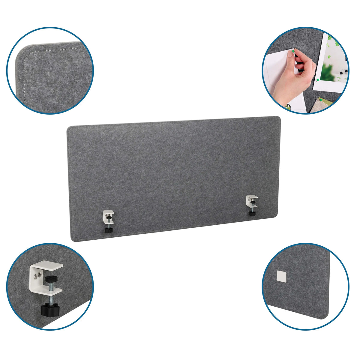 Separador de mesa gris FLEXMIUT 3D con clips de fijación y esquinas redondeadas de hjh OFFICE