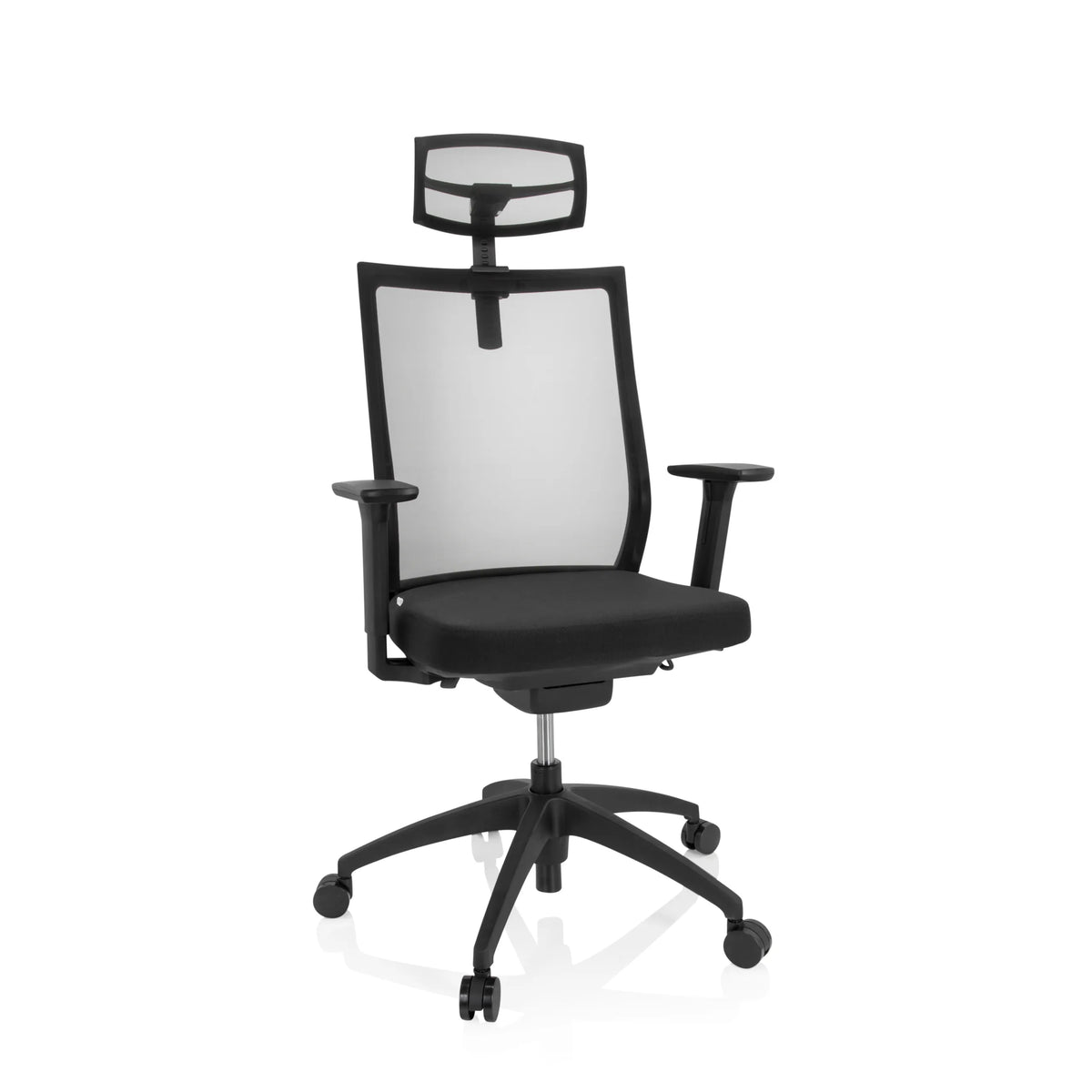 Silla de oficina profesional ASPEN PRO negra con respaldo de malla, reposacabezas y base de cinco ruedas de hjh OFFICE – vista de 360° (vista frontal 20°)