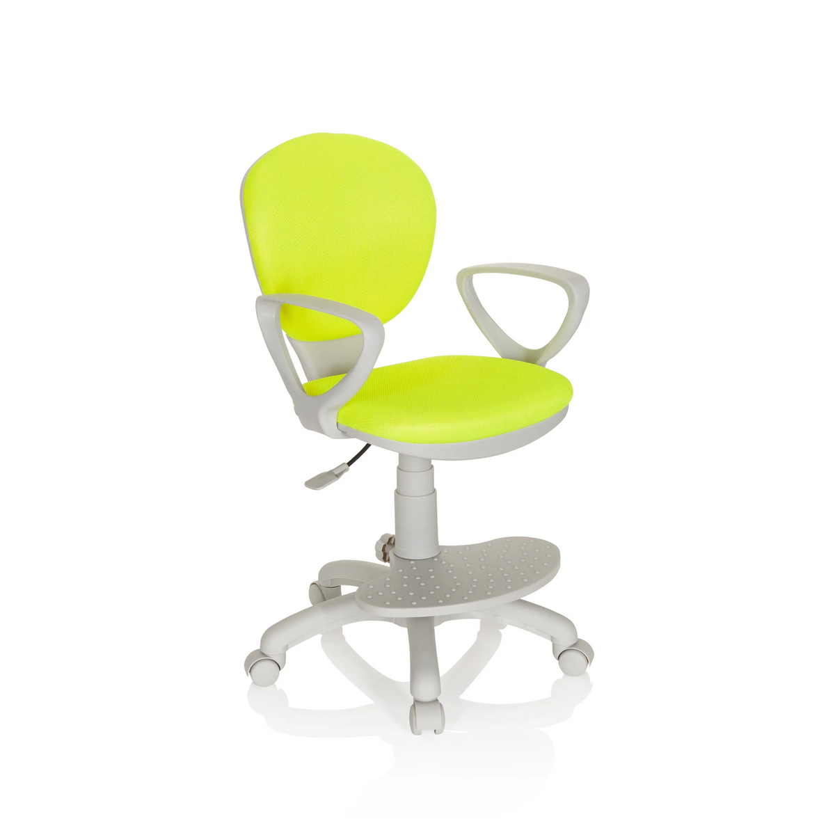 Silla giratoria para niños KID COLOUR G1 verde con reposabrazos grises y base de cinco ruedas de hjh OFFICE – vista de 360° (vista frontal en diagonal 40°)