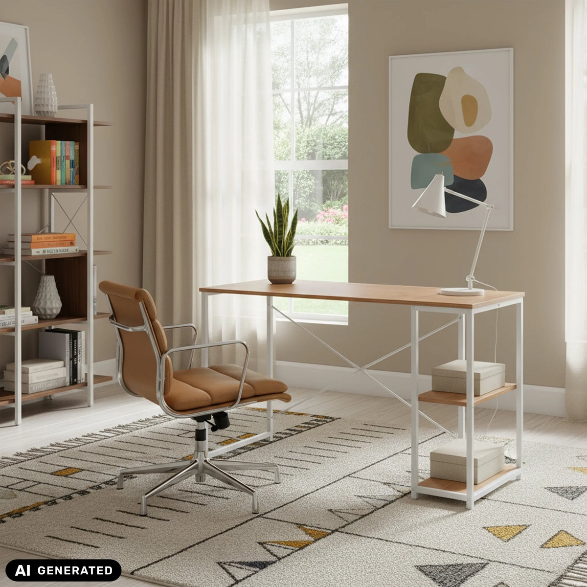Escritorio Easy Up2 en blanco y roble con estantería integrada de hjh LIVING (imagen generada por IA)