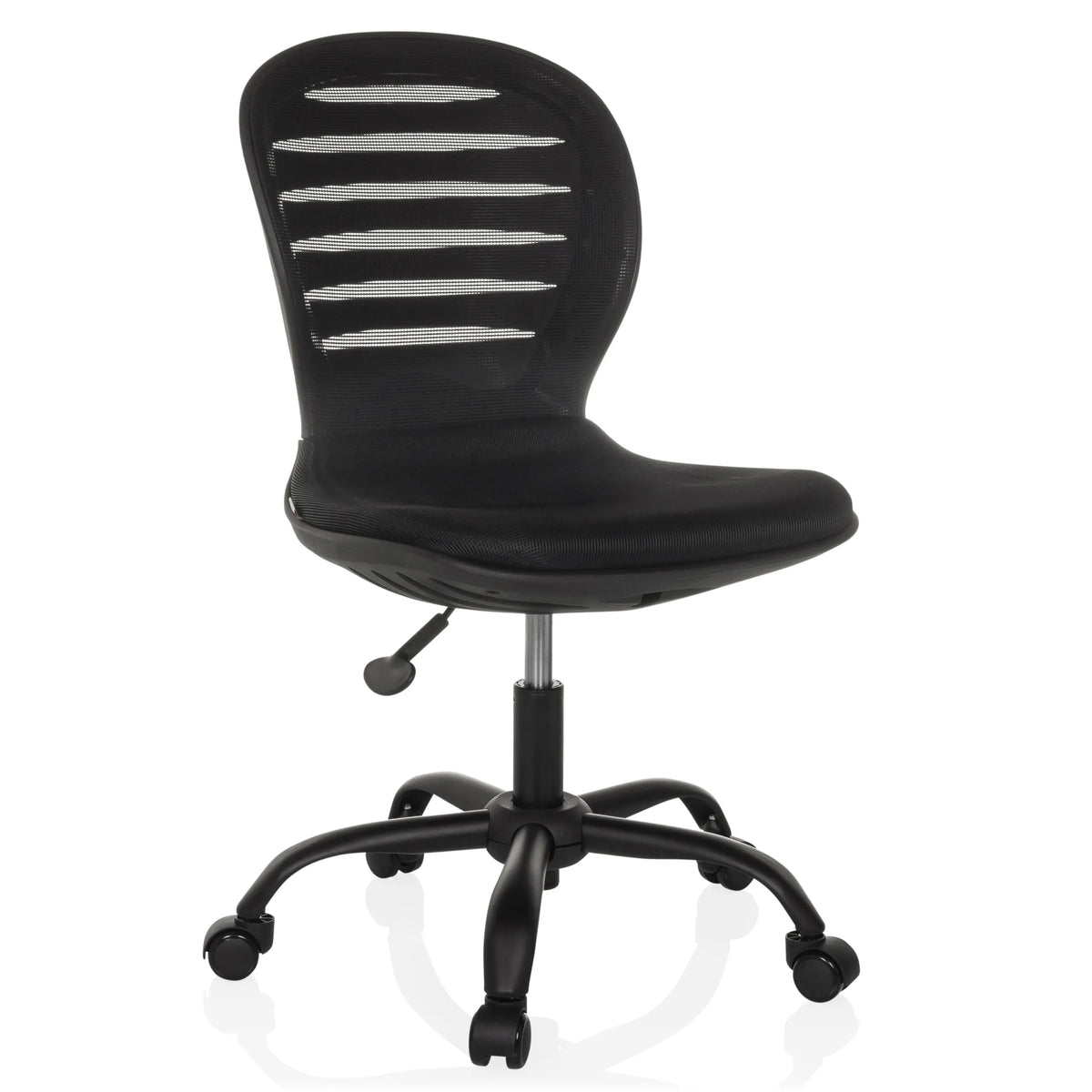 Silla Home Office CASLA negra con respaldo de malla y base de cinco ruedas de hjh OFFICE – vista de 360° (vista frontal en diagonal 30°)