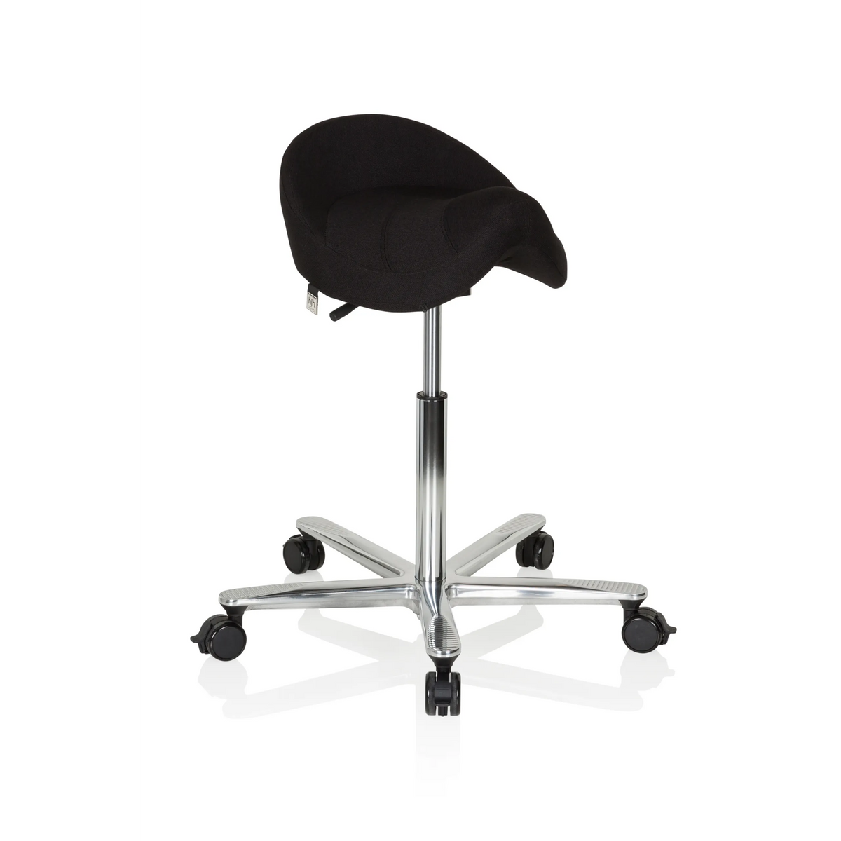 taburete de silla de montar MOVE-TEC 3D PRO I negro con una base de cinco ruedas de hjh OFFICE – vista de 360° (vista frontal en diagonal 40°)