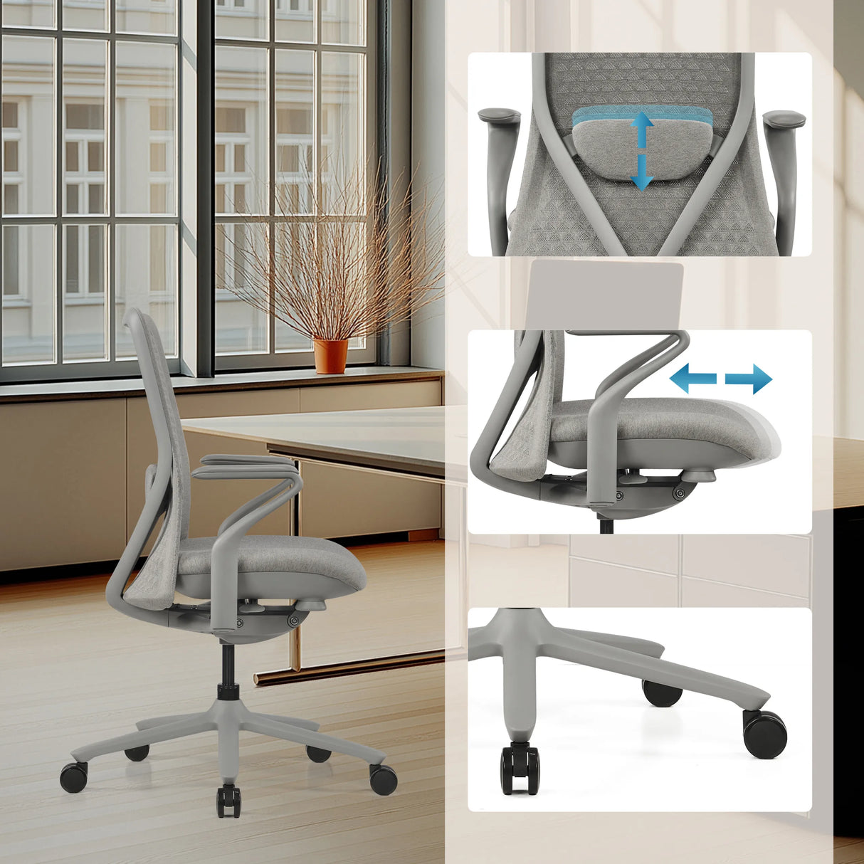 Silla alta gama VERVIO gris con reposacabezas y reposabrazos ajustables de hjh OFFICE