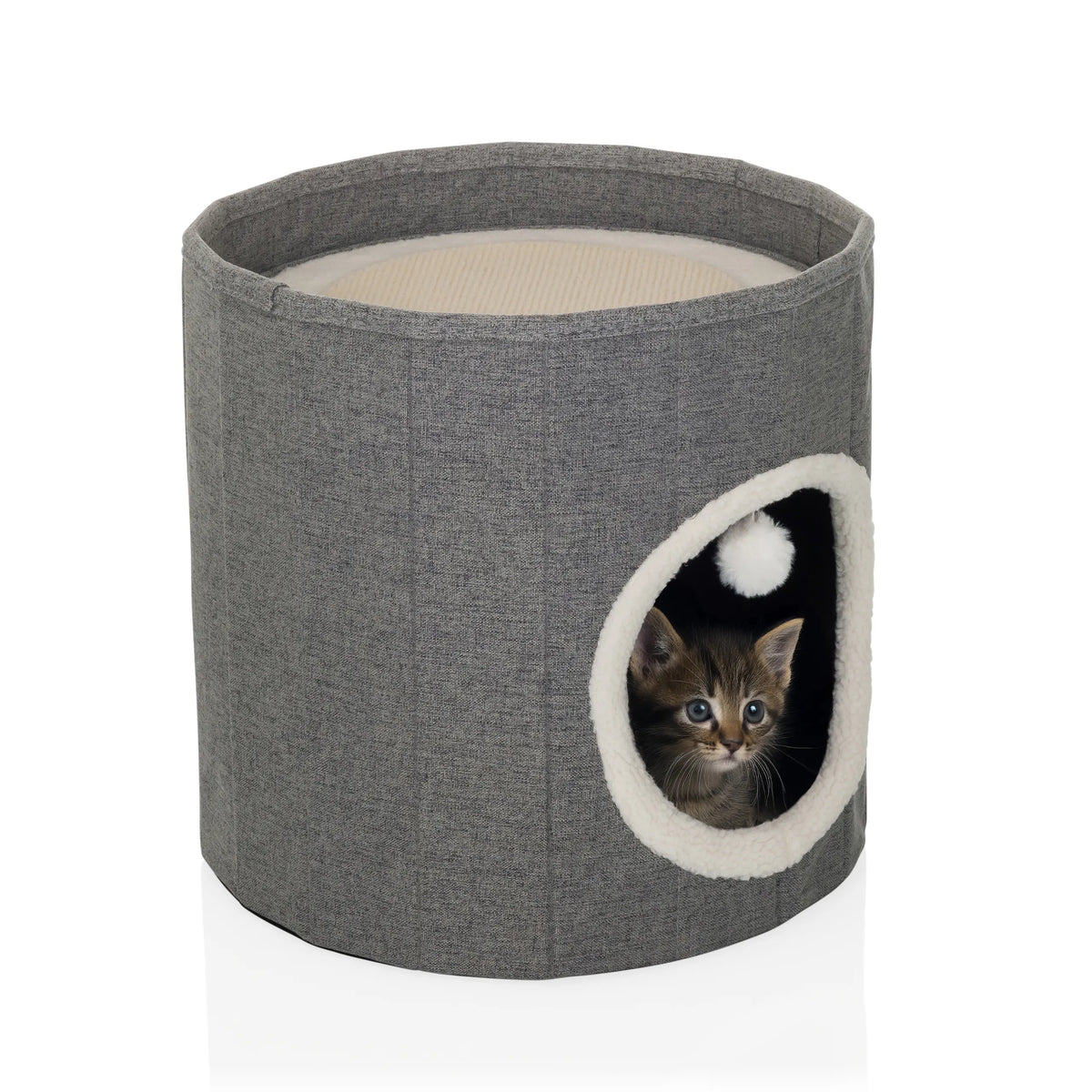 Cueva para gatos PAWY R gris con borde de piel blanca en la entrada y una pequeña pelota de juguete de hjh LIVING