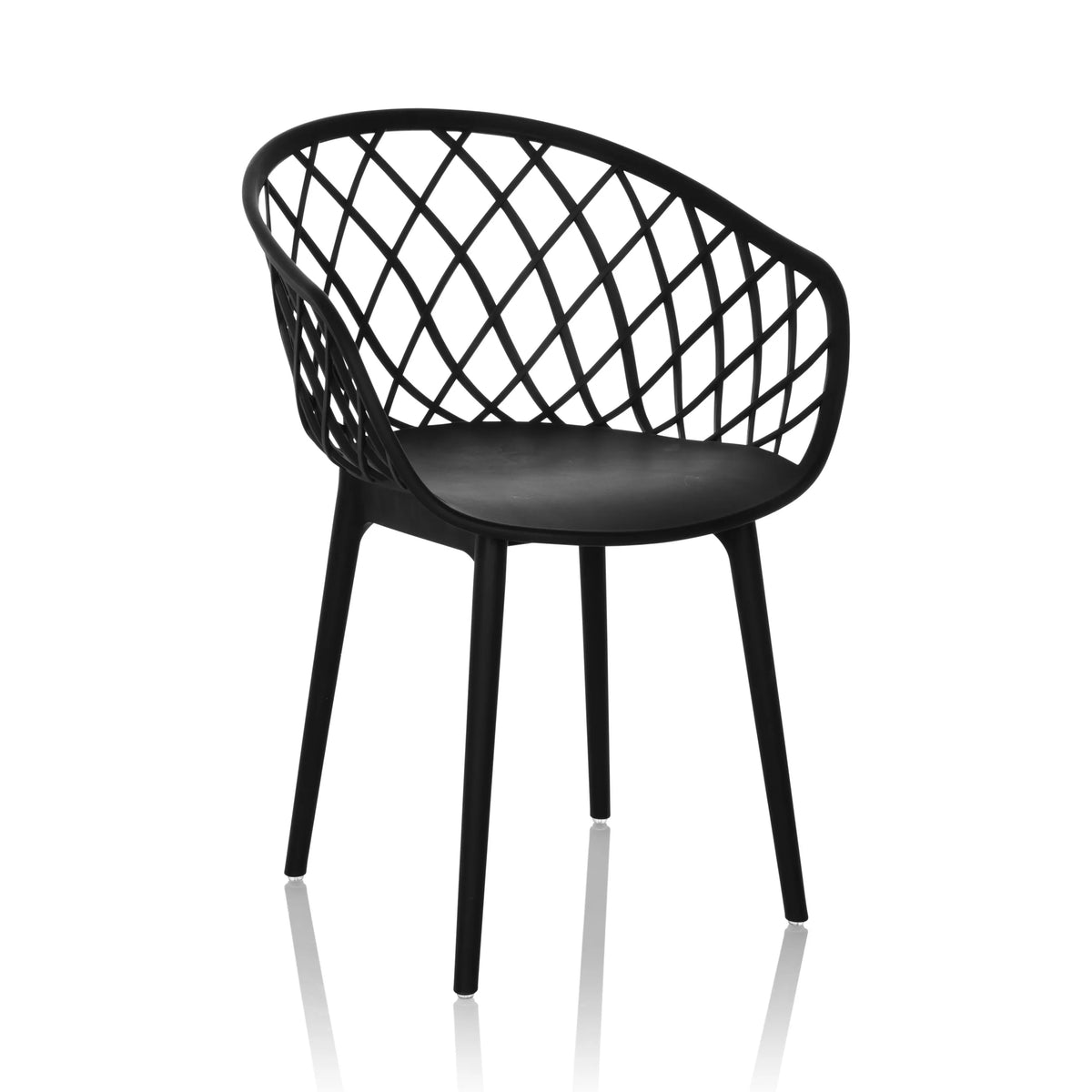 Silla nórdica BEGIO B negra con respaldo de rejilla y cuatro patas de hjh OFFICE – vista de 360° (vista frontal en diagonal 30°)