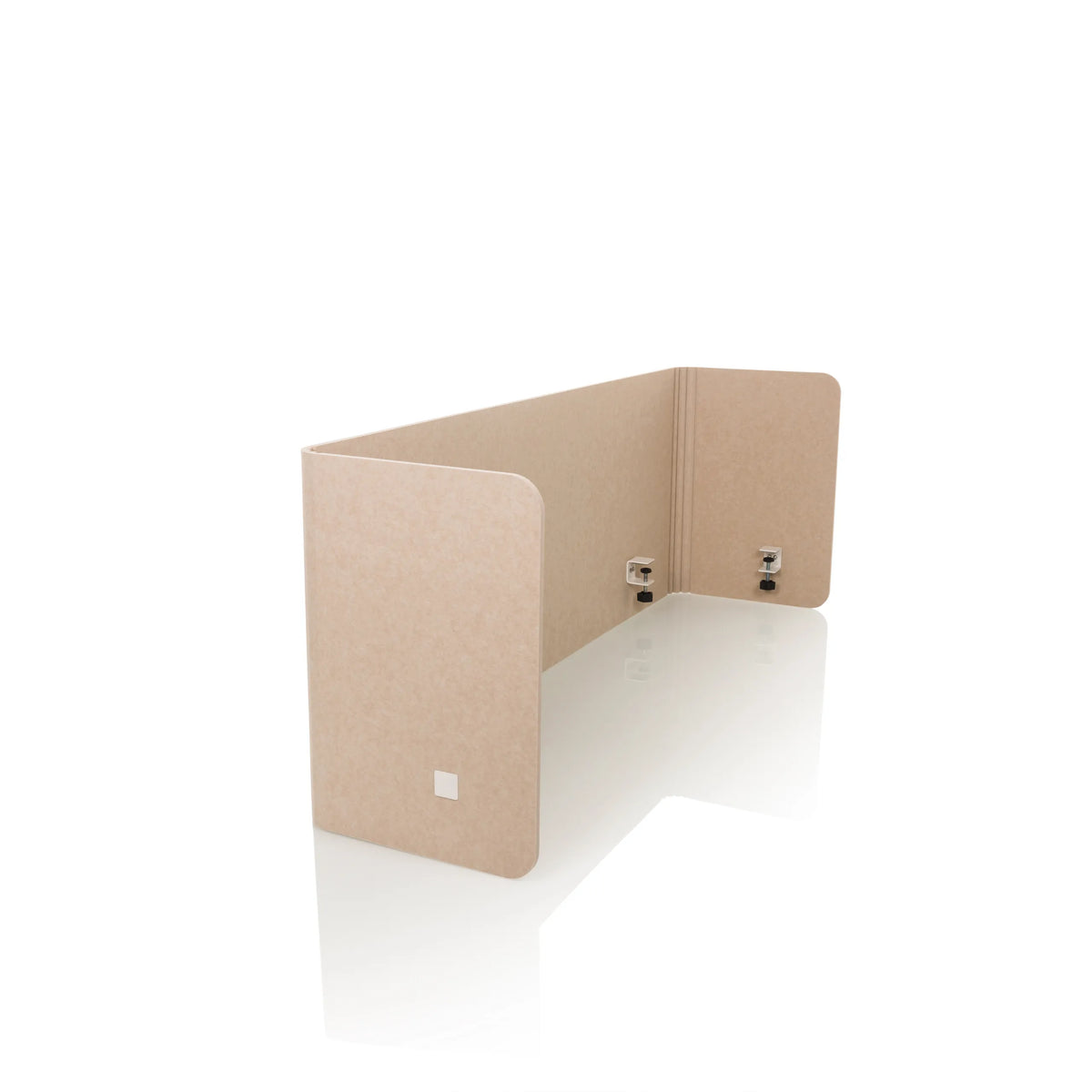 Separador de mesa beige FLEXMIUT U con alas laterales y cuatro clips de fijación de hjh OFFICE – vista de 360° (vista frontal en diagonal 60°)