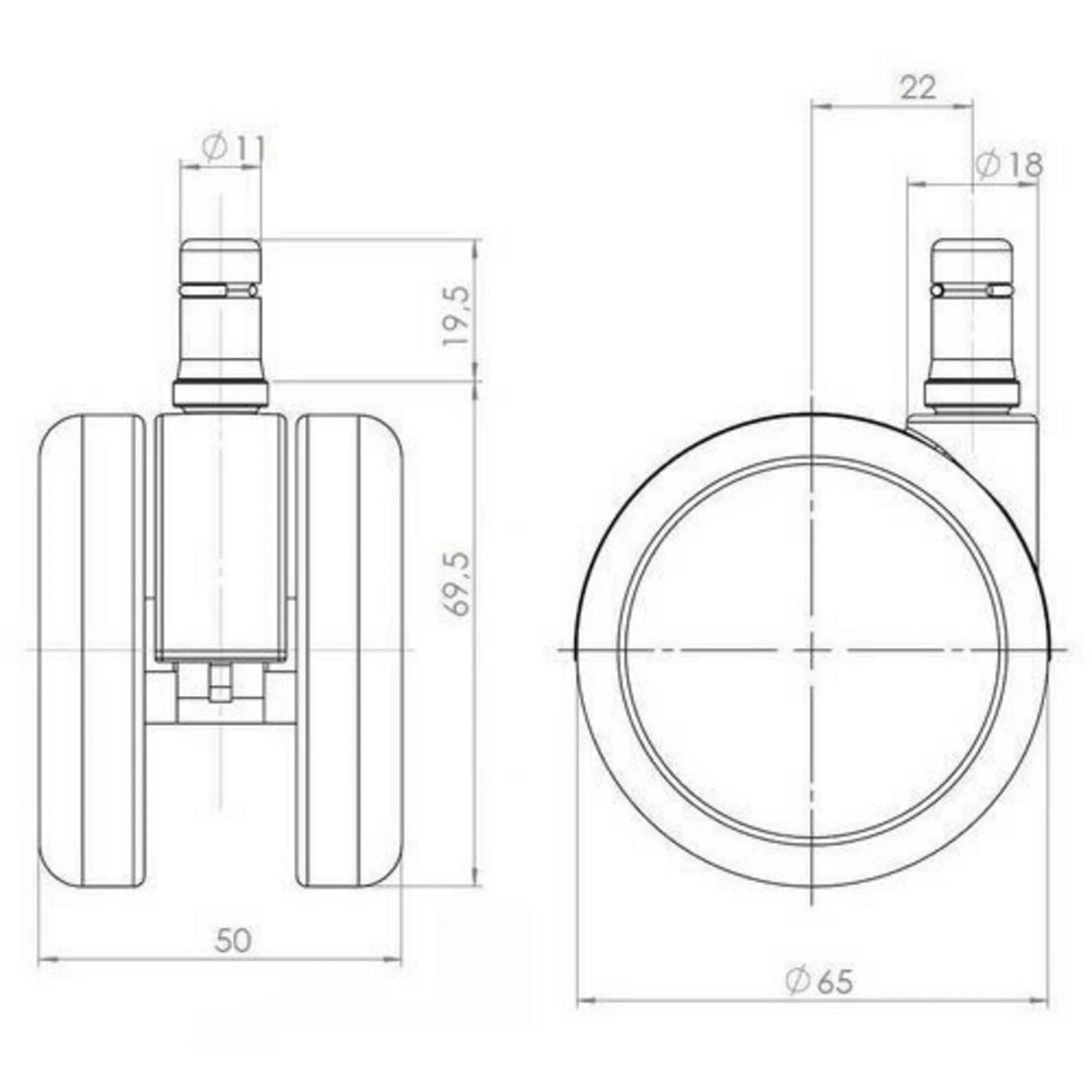 Dibujo técnico de las Ruedas para sillas 5x ROLO LUX 11mm/65mm con un diámetro de 65 mm de hjh OFFICE