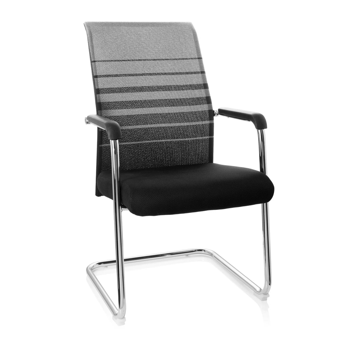 Silla de viga voladiza FALCONE V en negro y gris con respaldo de malla, reposabrazos y estructura de patín de hjh OFFICE – vista de 360° (vista frontal 20°)