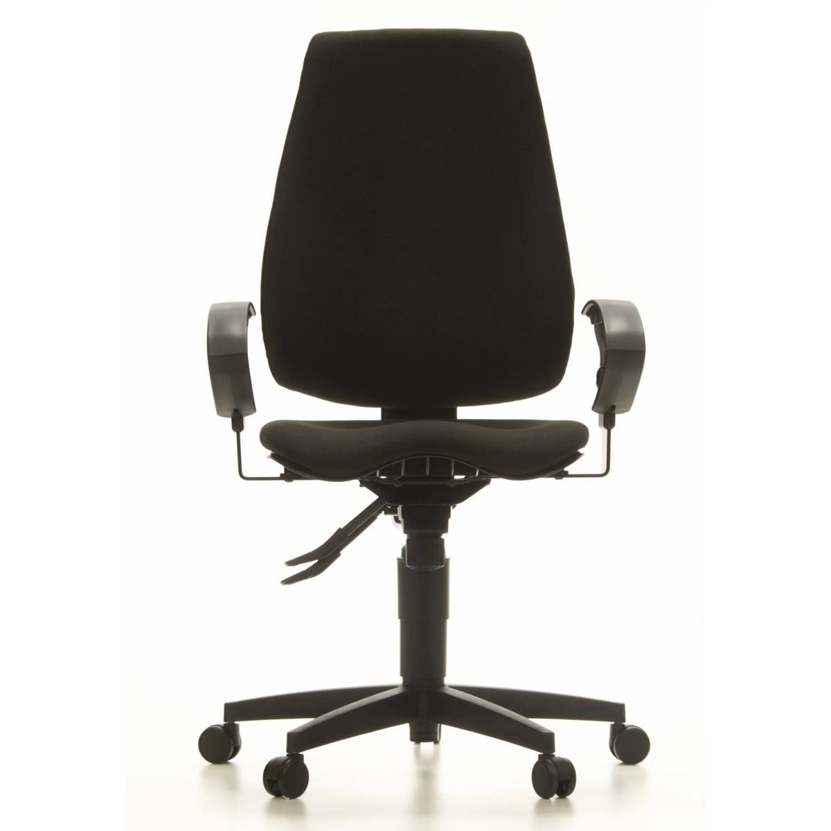 Silla de oficina profesional SYDNEY PRO negra con reposabrazos y base de cinco ruedas de Topstar – vista de 360° (vista frontal 0°)