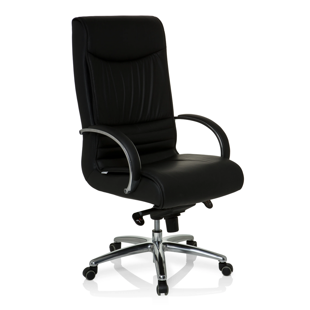 Schwarzer Drehstuhl XXL F 400 aus Leder mit Fußkreuz und fünf Rollen von hjh OFFICE – 360-Grad-Ansicht (schräge Frontansicht 40°)