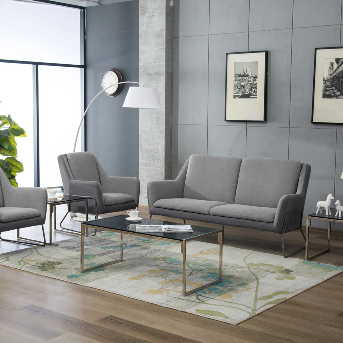 Sofá de diseño LAGUN en color gris claro, de tres plazas y con patas metálicas delgadas de hjh OFFICE