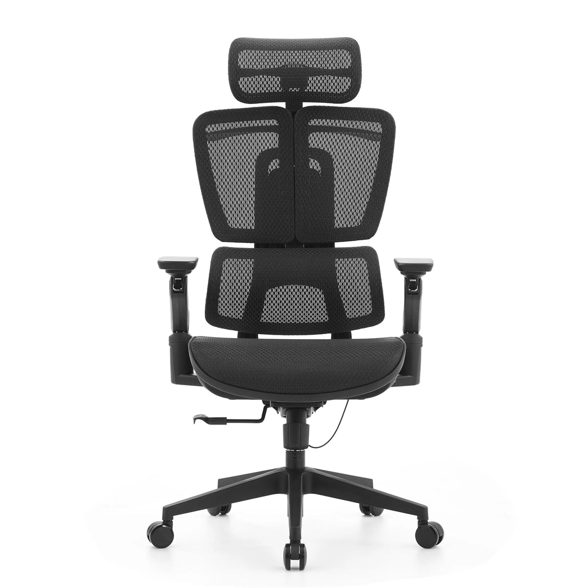 Silla de oficina profesional Ergo U2 Pro3 en color negro con respaldo de malla, reposabrazos y base de cinco ruedas de hjh OFFICE – vista de 360° (vista frontal 0°)
