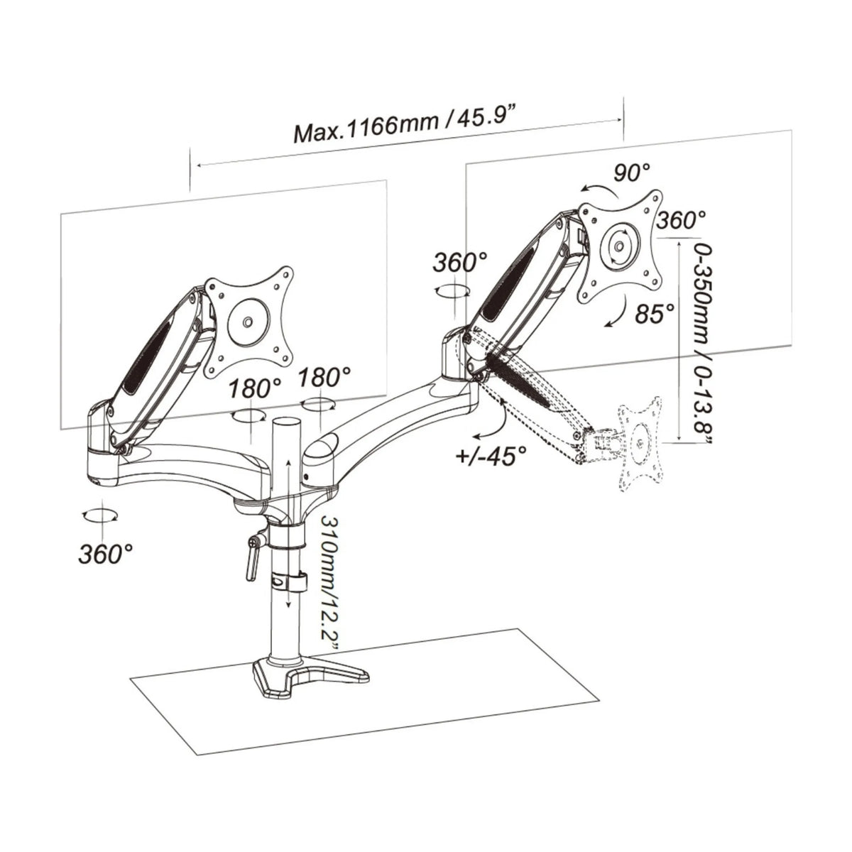 Dibujo técnico del Soporte de monitor VM-MG2 con una anchura máxima de 1166 mm de hjh OFFICE