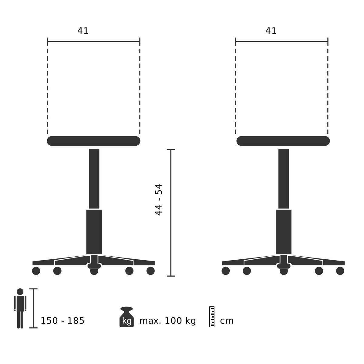 Dibujo técnico del asiento de pie SITNESS 20 con un ancho de asiento de 41 cm de Topstar