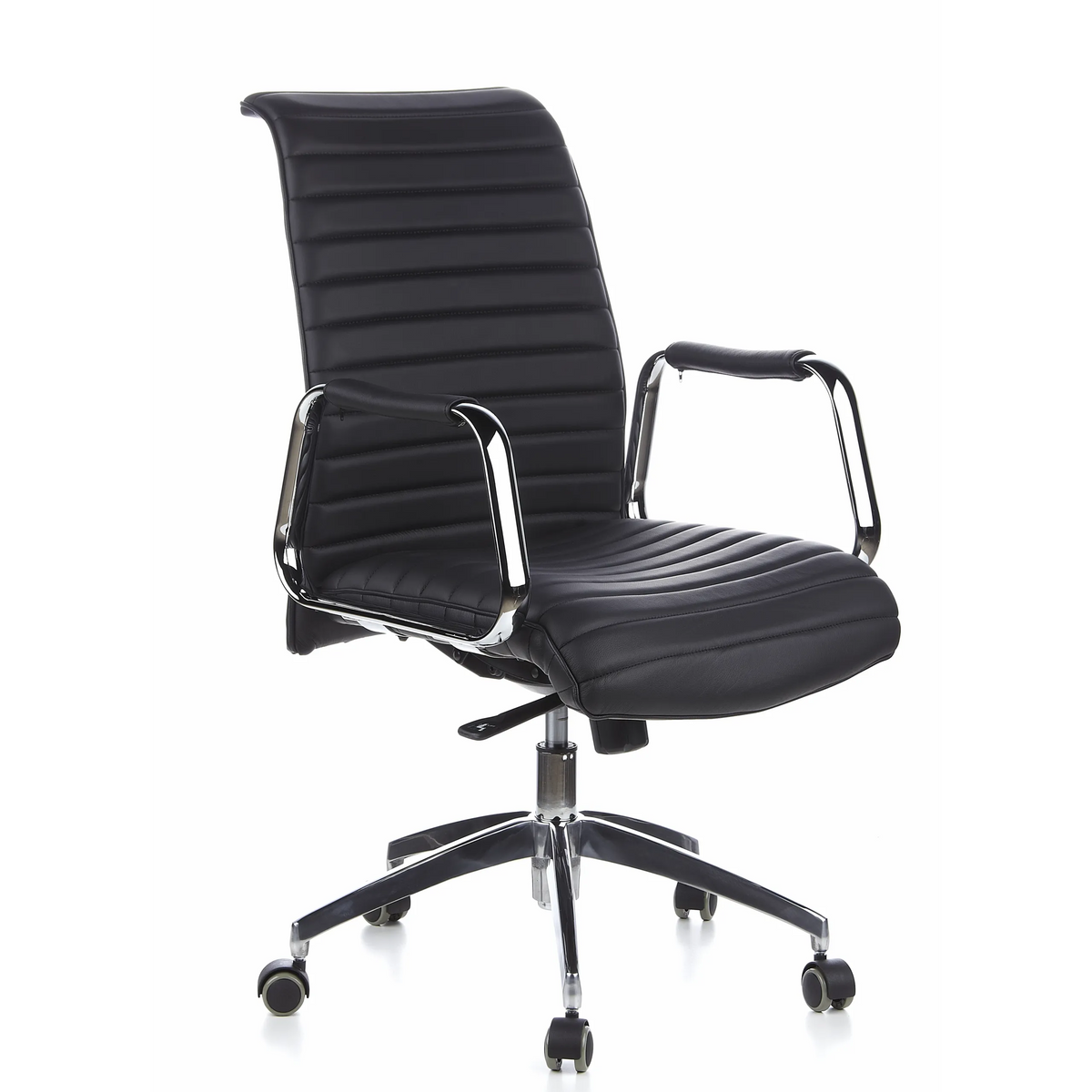Sillón de oficina profesional ASPERA 10 negro con costuras, reposabrazos y base de cinco ruedas de hjh OFFICE – vista de 360° (vista frontal en diagonal 40°)