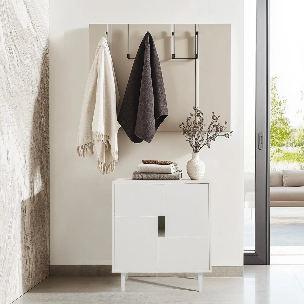 Cómoda blanca LYKKJA con diseño de compartimentos asimétricos y cuatro patas de hjh LIVING