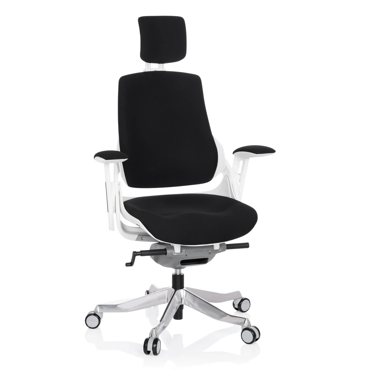 Silla de oficina profesional SPEKTRE negra con reposacabezas y base de cinco ruedas de hjh OFFICE – vista de 360° (vista frontal 20°)