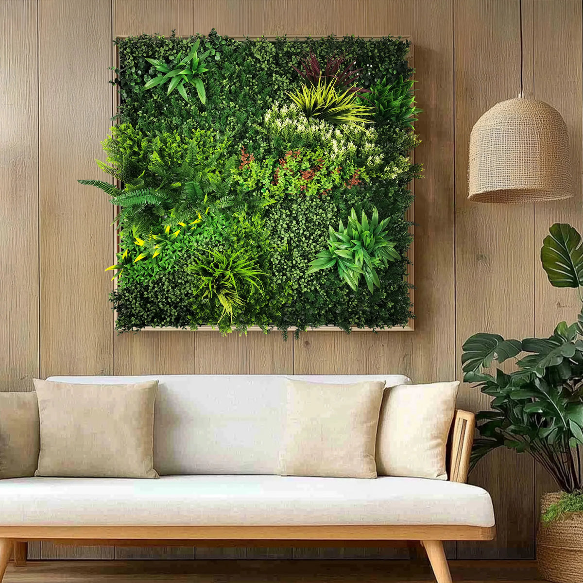 Estera vegetal verde LEAFLUXE 3D con diversas plantas artificiales en un marco de madera de hjh LIVING