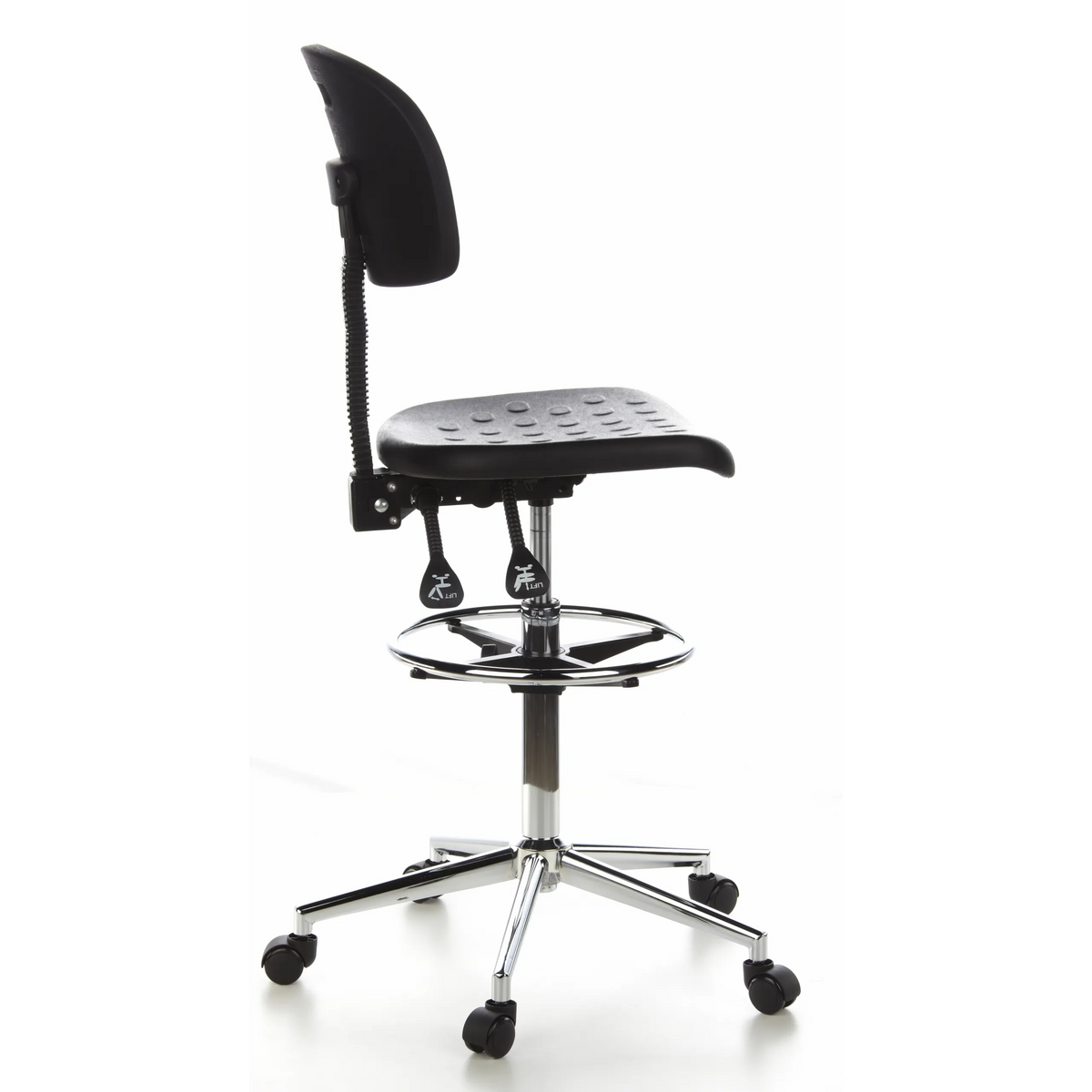 Silla de mostrador negra TOP WORK 23 con reposapiés y base de cinco ruedas de hjh OFFICE – vista de 360° (vista lateral 100°)