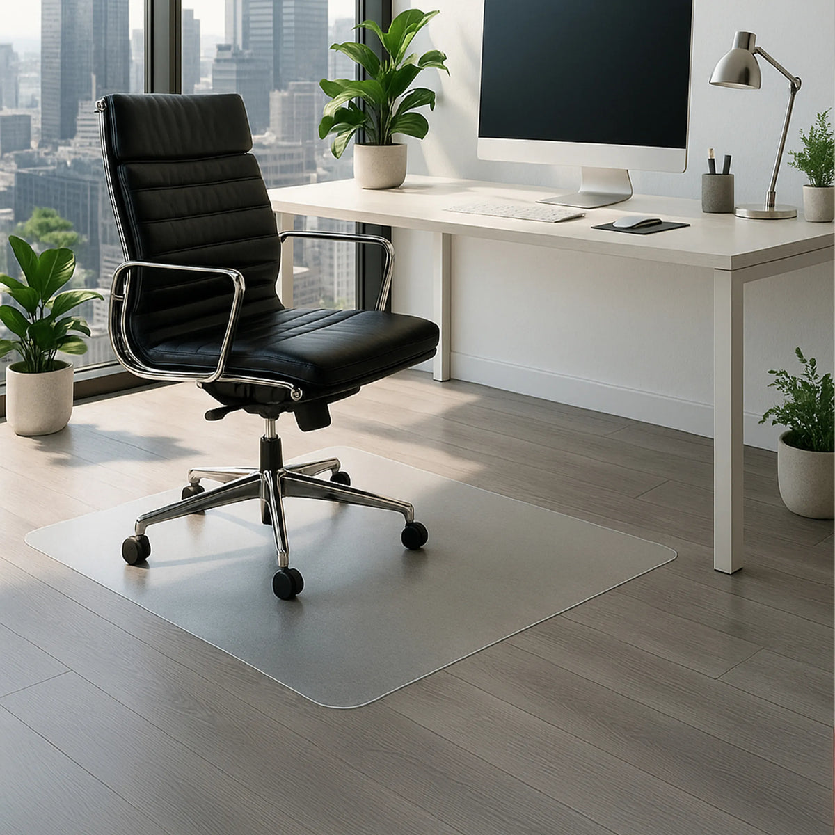 Alfombrilla FORTIFLEX de color blanco leche para suelos duros de 120 × 90 cm bajo una silla de oficina de hjh OFFICE
