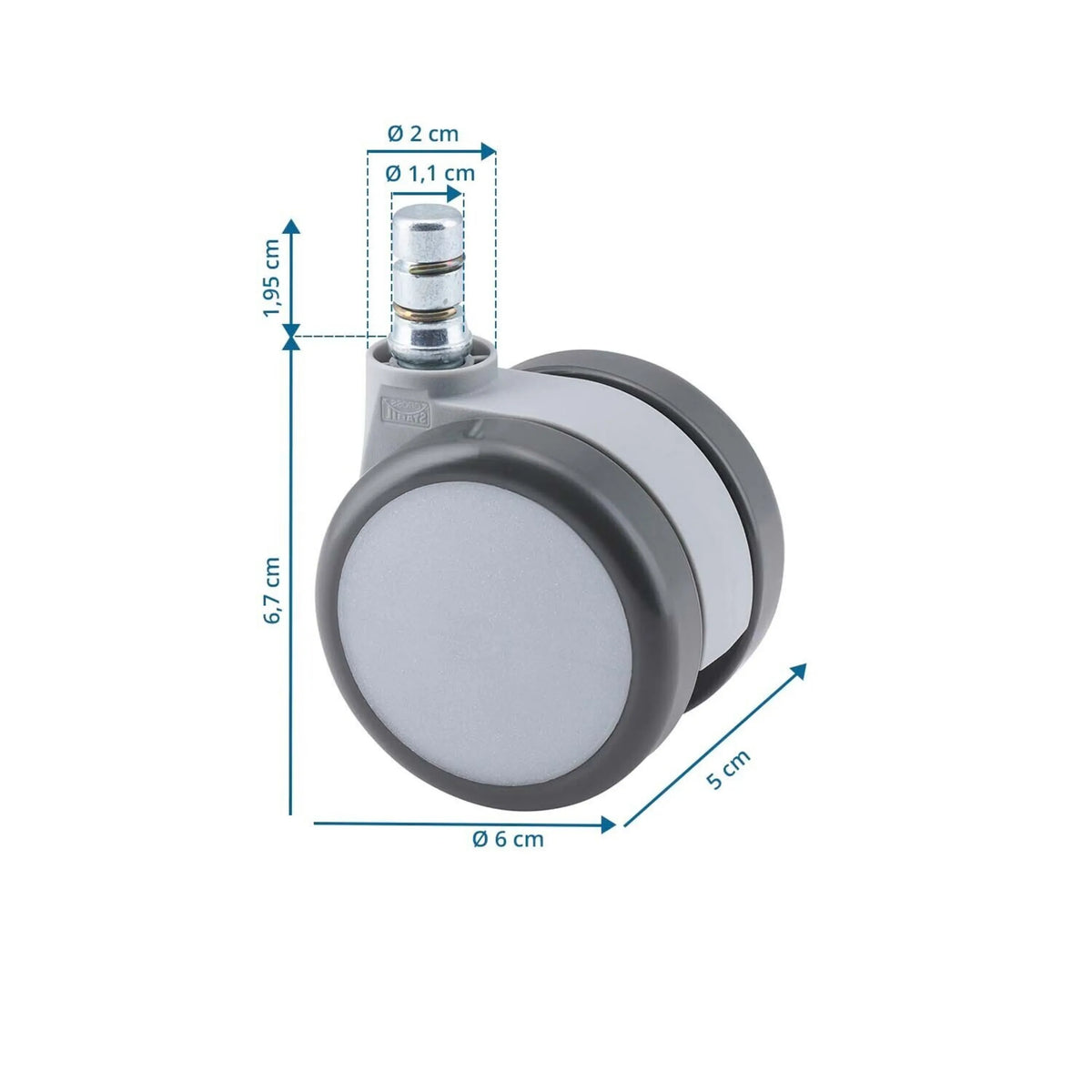 Dibujo dimensional de las Ruedas para sillas 5x ROLO MOVE 60 11mm/60mm con un diámetro de 6 cm y una altura de 6,7 cm de hjh OFFICE