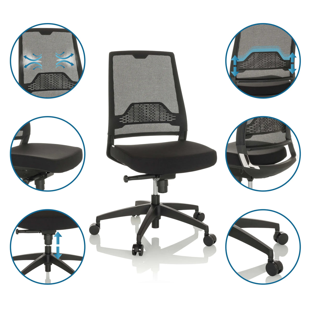 Silla de oficina profesional PORTO ECO I en negro con respaldo de malla, altura del asiento ajustable y ruedas de hjh OFFICE