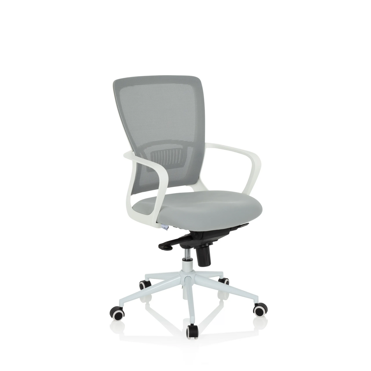 Silla Home Office ESTRIA gris con respaldo de malla y base de cinco ruedas de hjh OFFICE – vista de 360° (vista frontal en diagonal 40°)