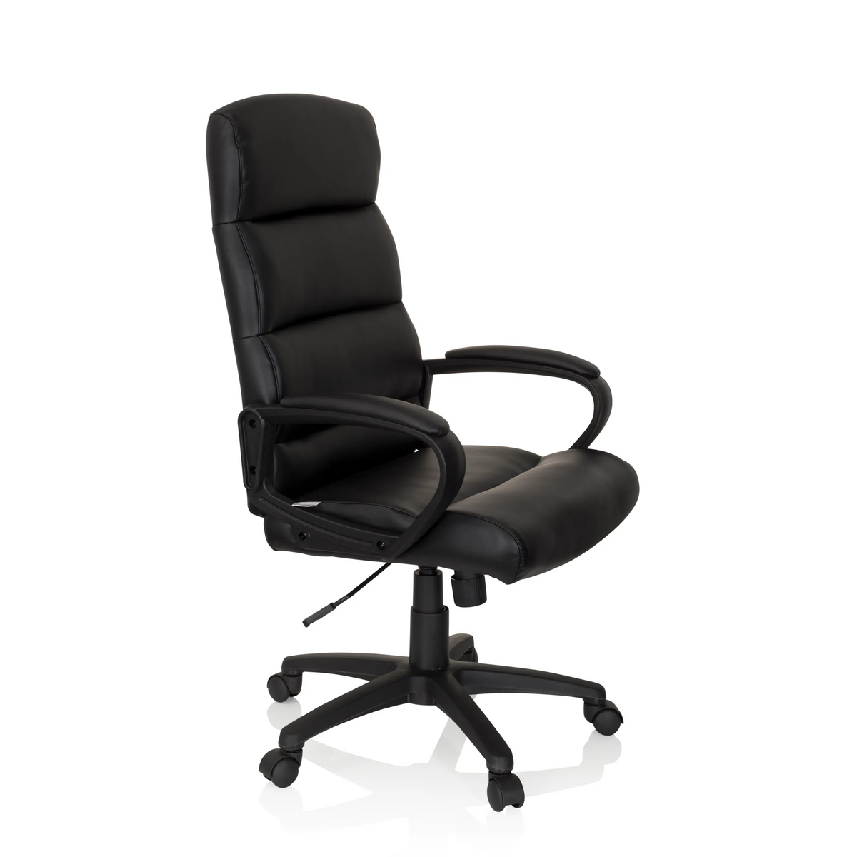 Sillón de oficina profesional FUTURA 100 negro con tapicería acolchada y base de cinco ruedas de hjh OFFICE – vista de 360° (vista frontal en diagonal 60°)