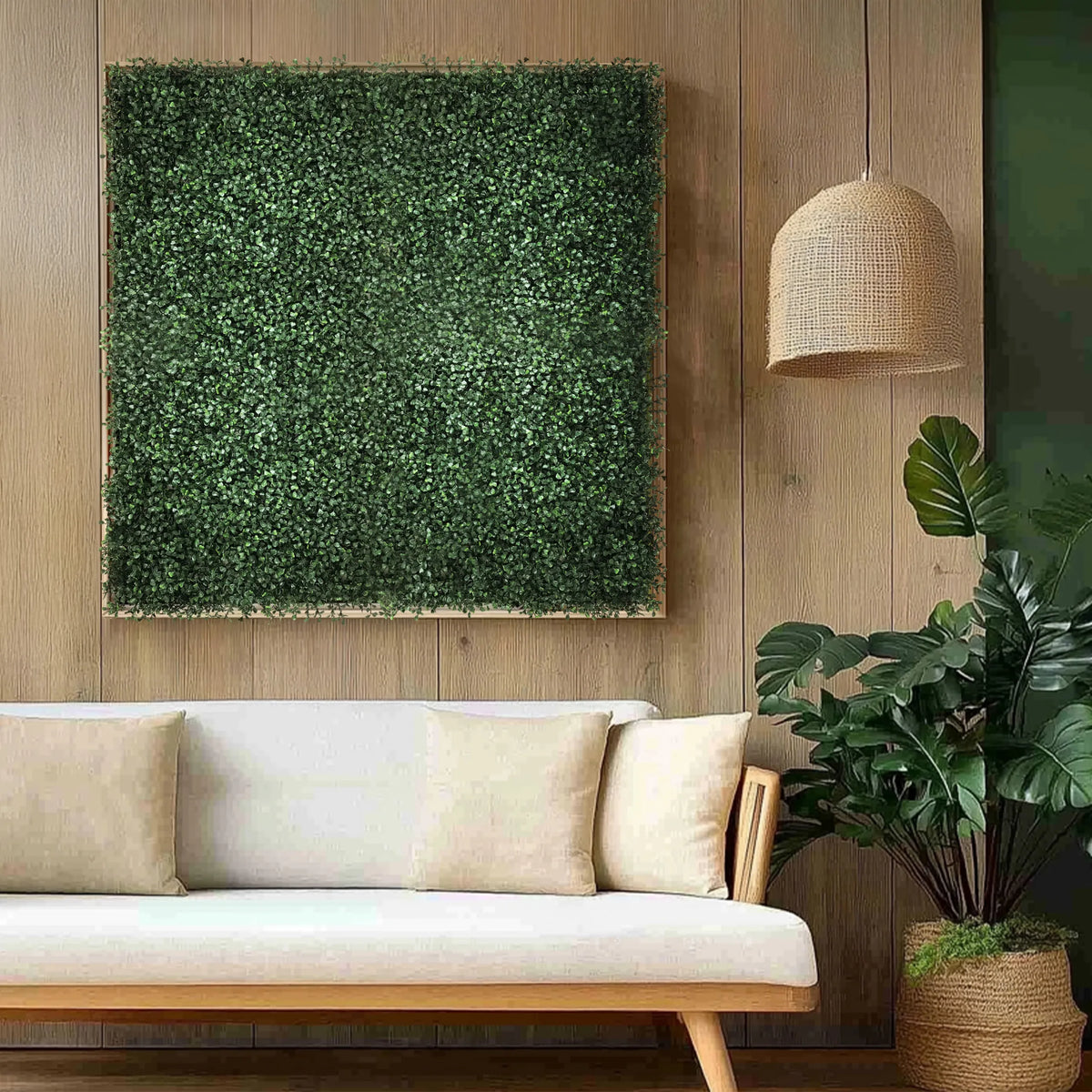 Estera vegetal verde LEAFLUXE 1 como elemento mural cuadrado sobre un sofá claro de hjh LIVING