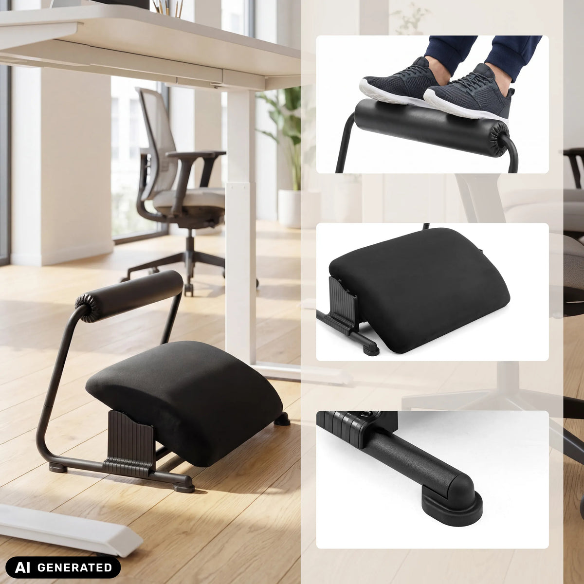 Reposapiés Podi Velvet negro con superficie acolchada y rodillo para pies de hjh OFFICE (imagen generada por IA)