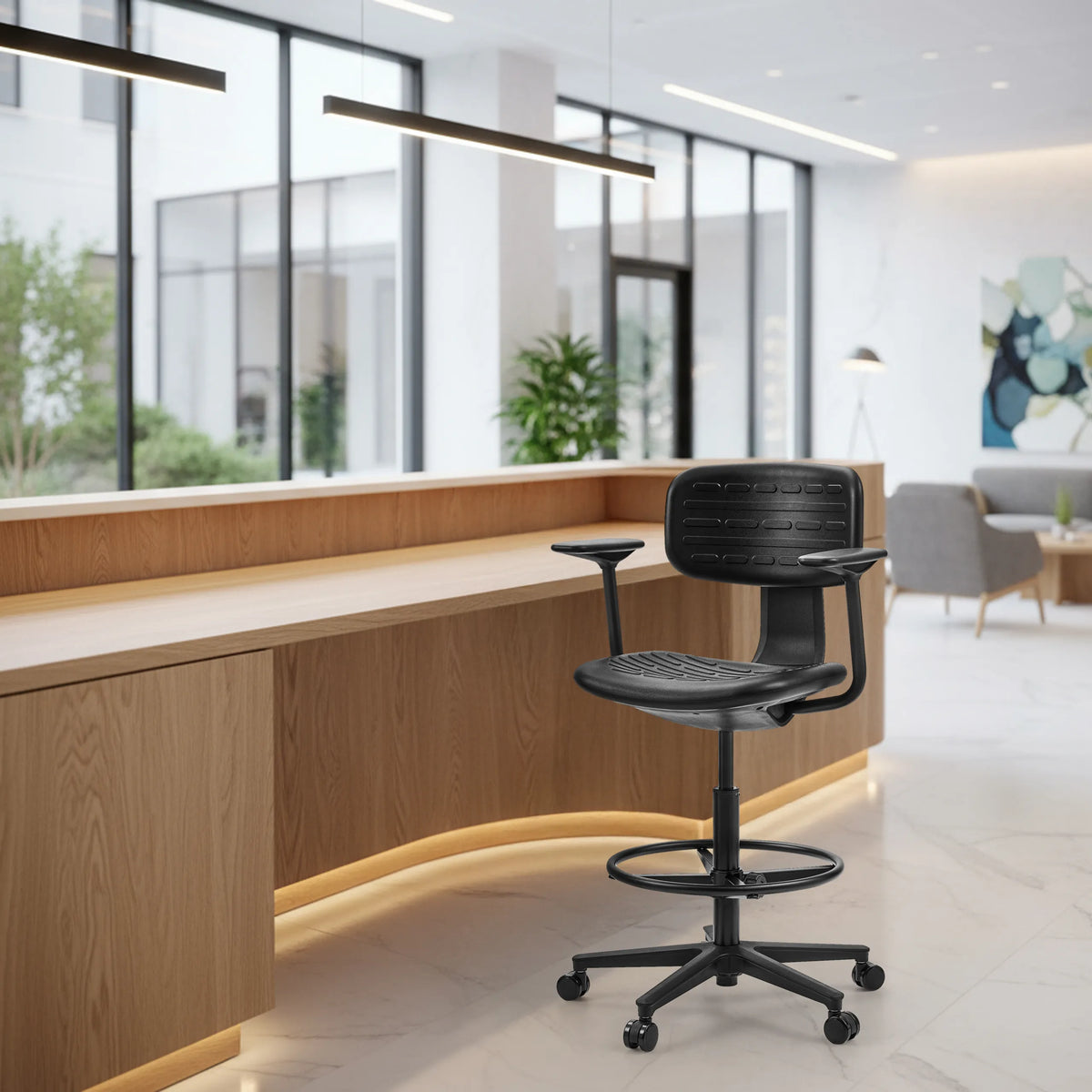 Silla de mostrador TOP WORK B1 negra con reposapiés y ruedas de hjh OFFICE