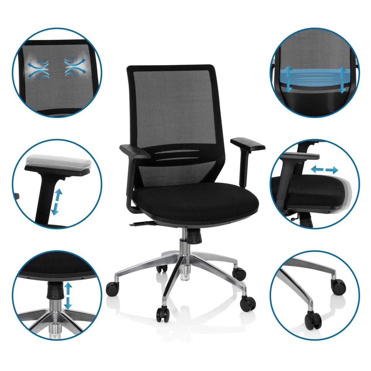Silla de oficina profesional PROFONDO en negro con reposabrazos ajustables y respaldo de malla de hjh OFFICE
