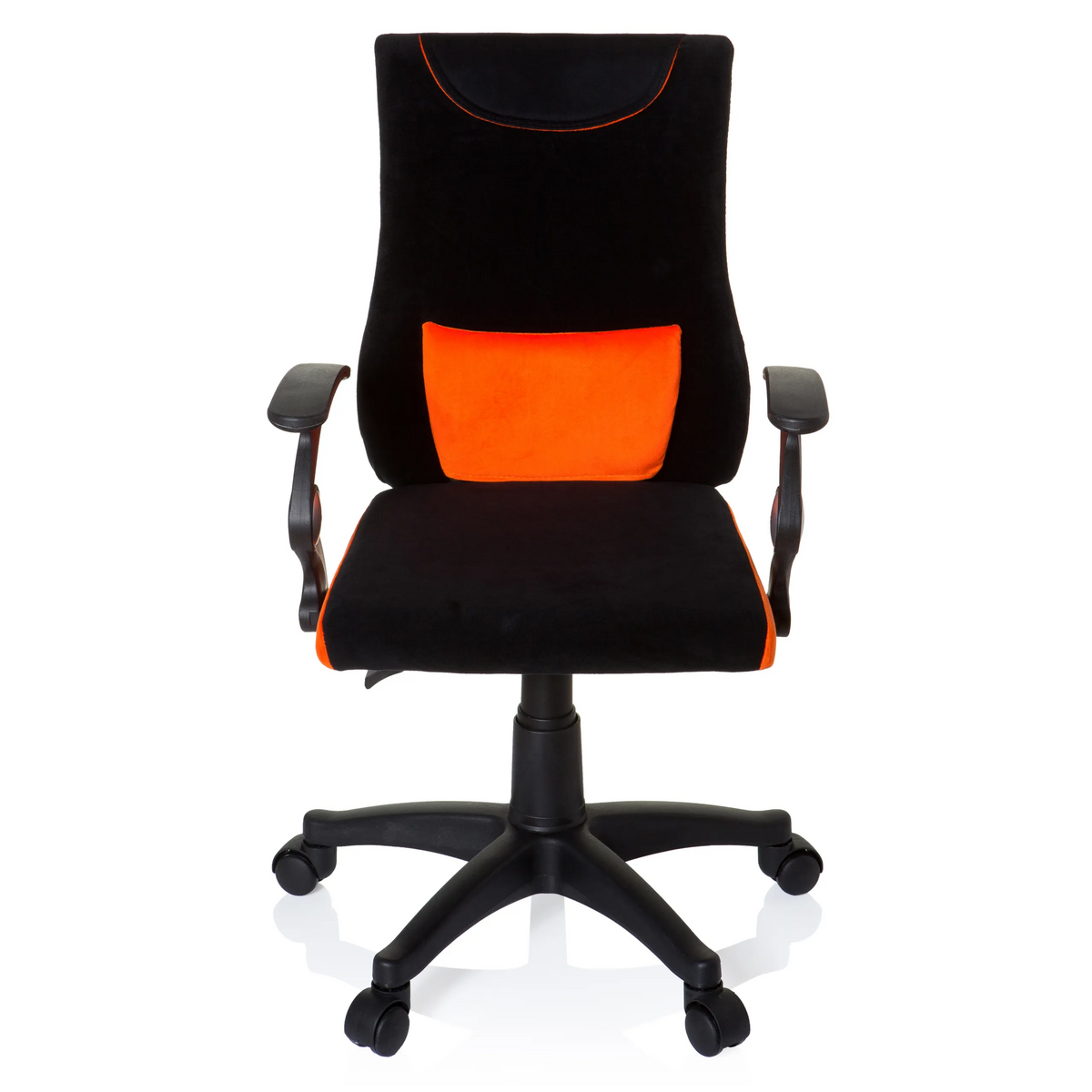 Silla giratoria para niños KIDDY PRO AL en color negro y naranja con cojín lumbar y base de cinco ruedas de hjh OFFICE – vista de 360° (vista frontal 0°)