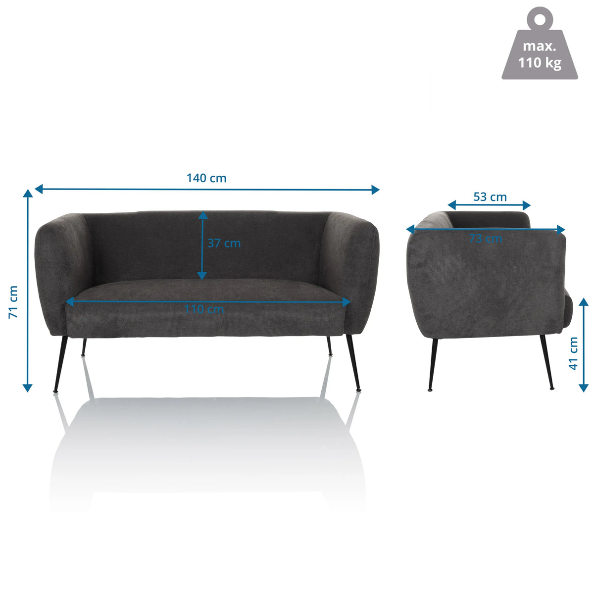 Plano dimensional del sofá de diseño HAYRIVER con un ancho de 140 cm y una profundidad de 73 cm de hjh LIVING