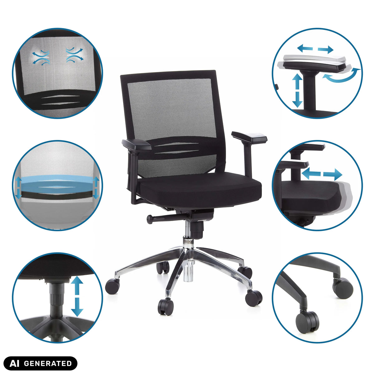 Funciones ajustables de la silla de oficina profesional PORTO PRO en negro de hjh OFFICE (imagen generada por IA)
