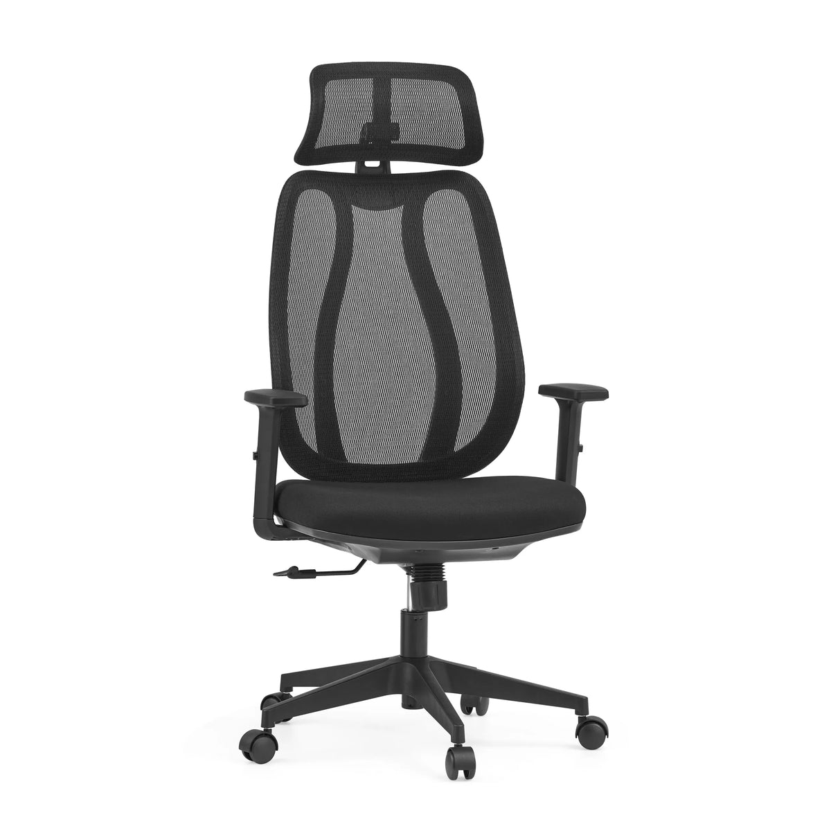 Silla de oficina profesional Filaro en color negro con respaldo de malla, reposacabezas y base de cinco ruedas de hjh OFFICE – vista de 360° (vista frontal 15°)